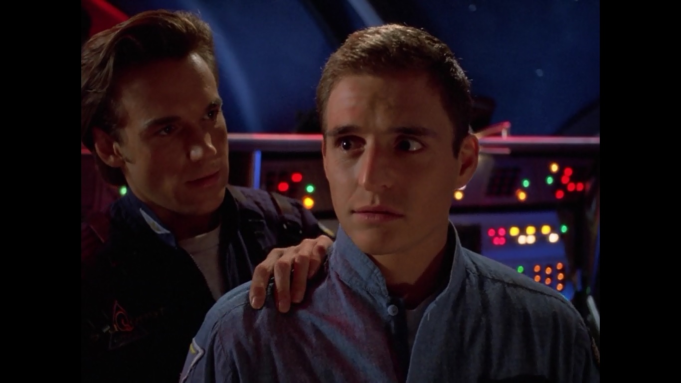 Ed Kerr, at left, as Lieutenant James Brody in seaQuest, beside Michael DeLuise