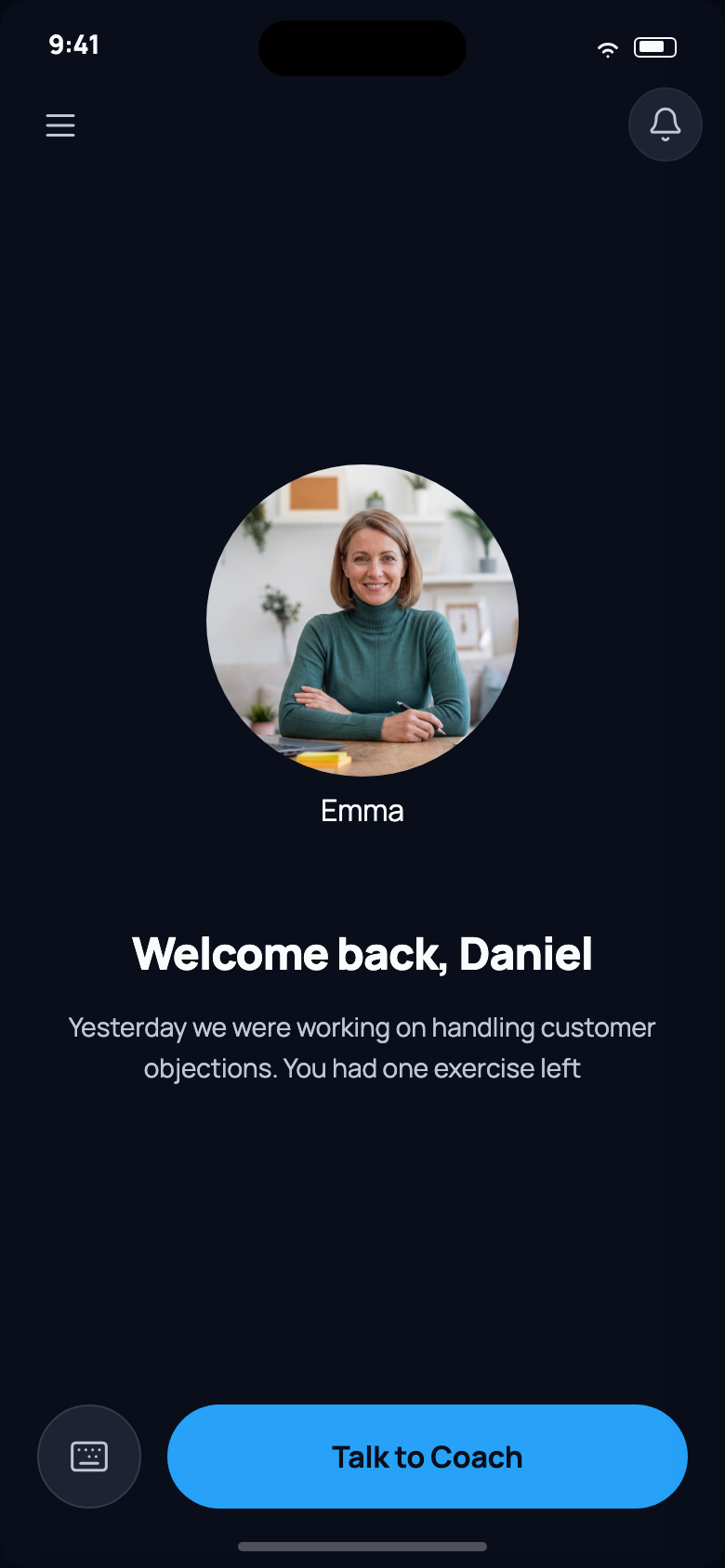 The Practis Coach home screen with Emma, a reminder about practicing customer objections, and a Talk to Coach button.