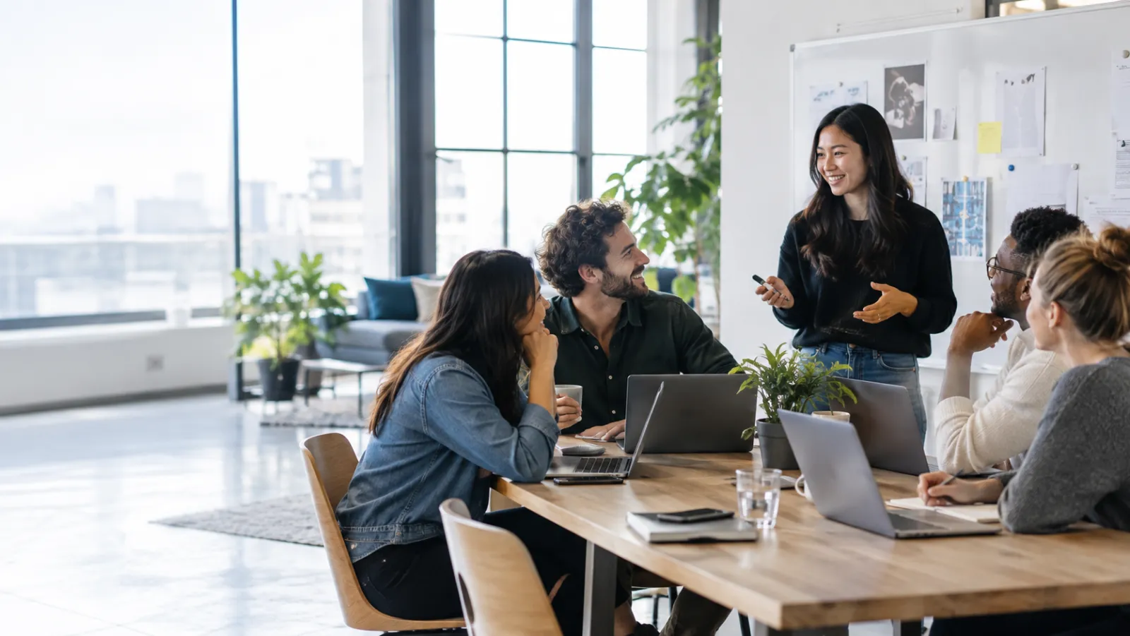 A small team talks around a shared table with laptops in a bright, open office.