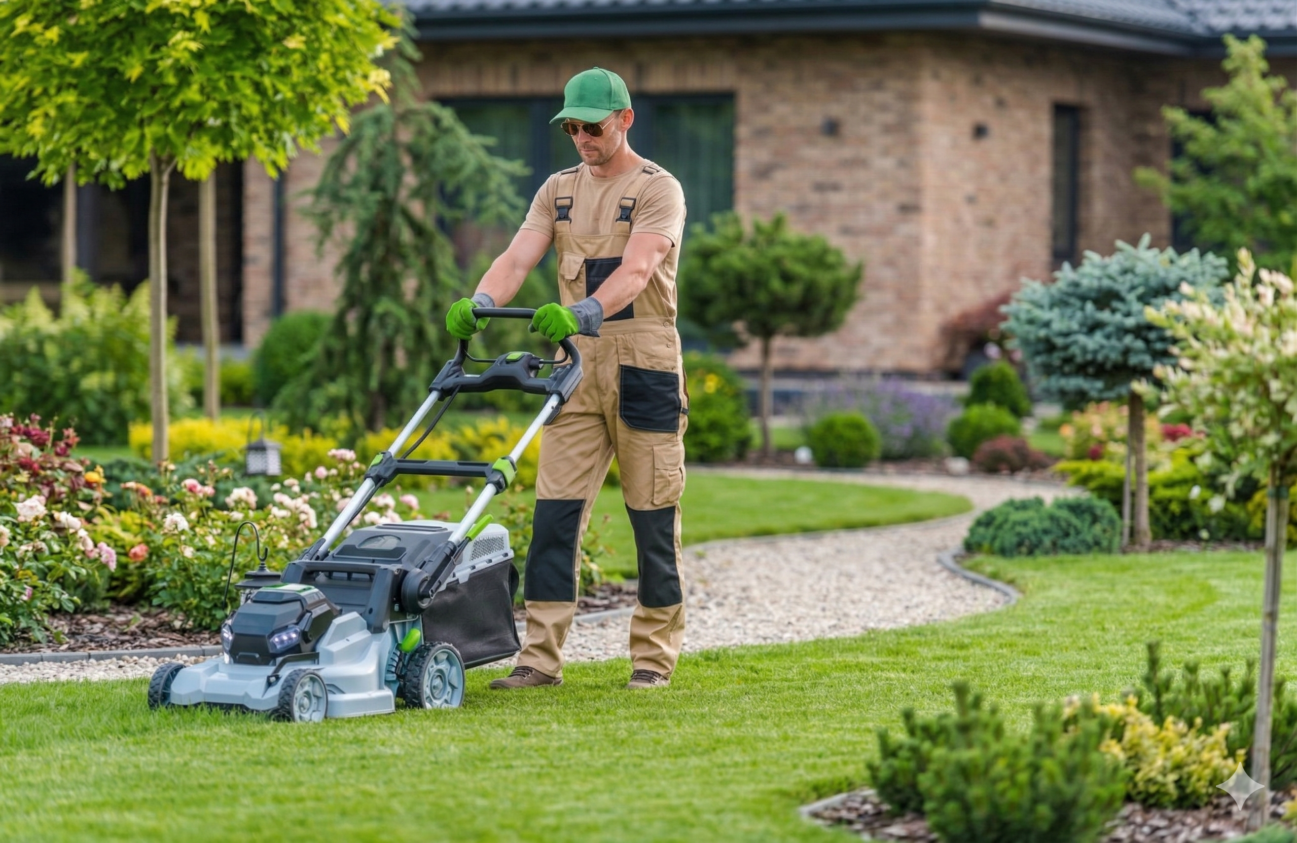 Lawn care technician servicing a residential property