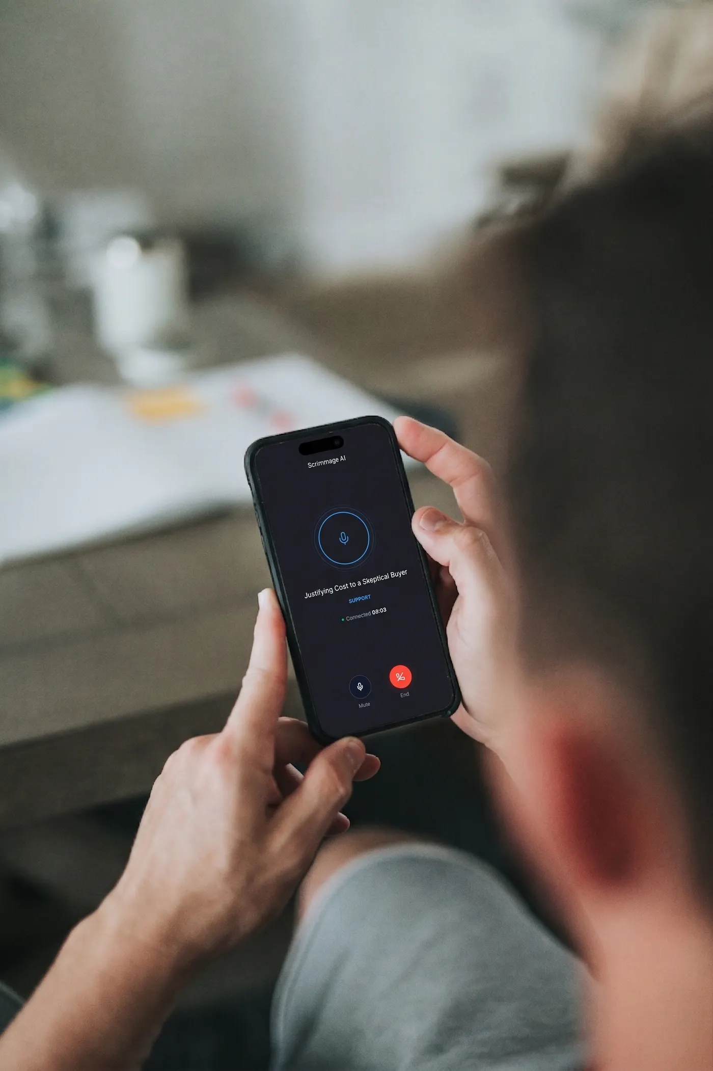 A rep running an AI roleplay call on his phone