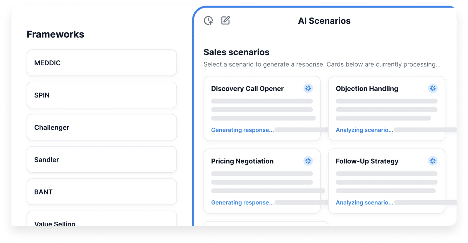 Frameworks list beside AI scenario cards generating responses