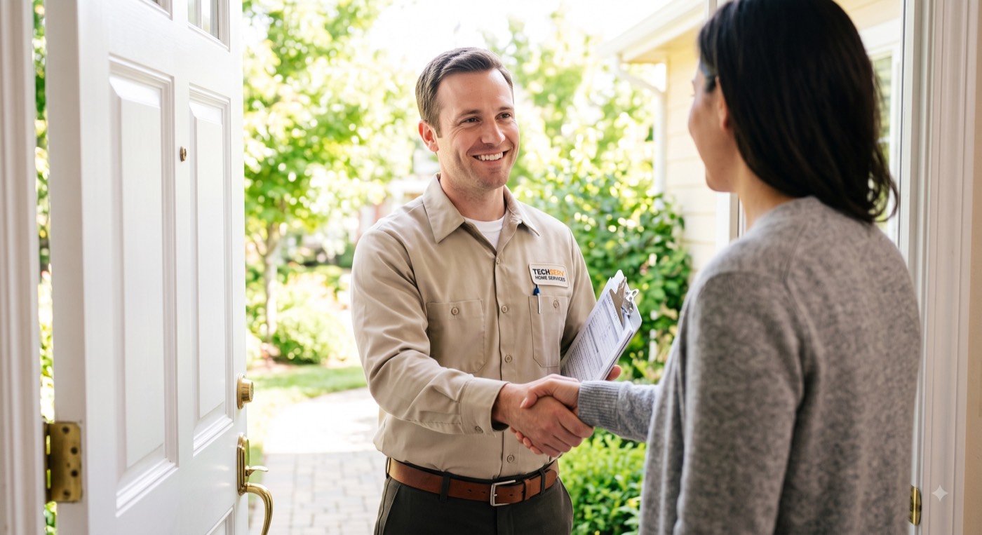 Rep shaking hands with a homeowner at the door